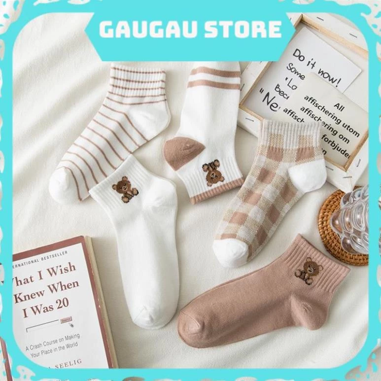 [ HCM, Hỏa Tốc ] Tất Nữ Cổ Ngắn, Vớ Nữ Cổ Ngắn Gấu Nâu Vải Cotton Co Giãn Mềm Mại Thoáng Mát