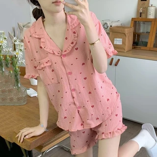 [ Order] Bộ ngủ nữ cộc tay chất đũi thô hình trái tim mát mẻ xinh xắn có size