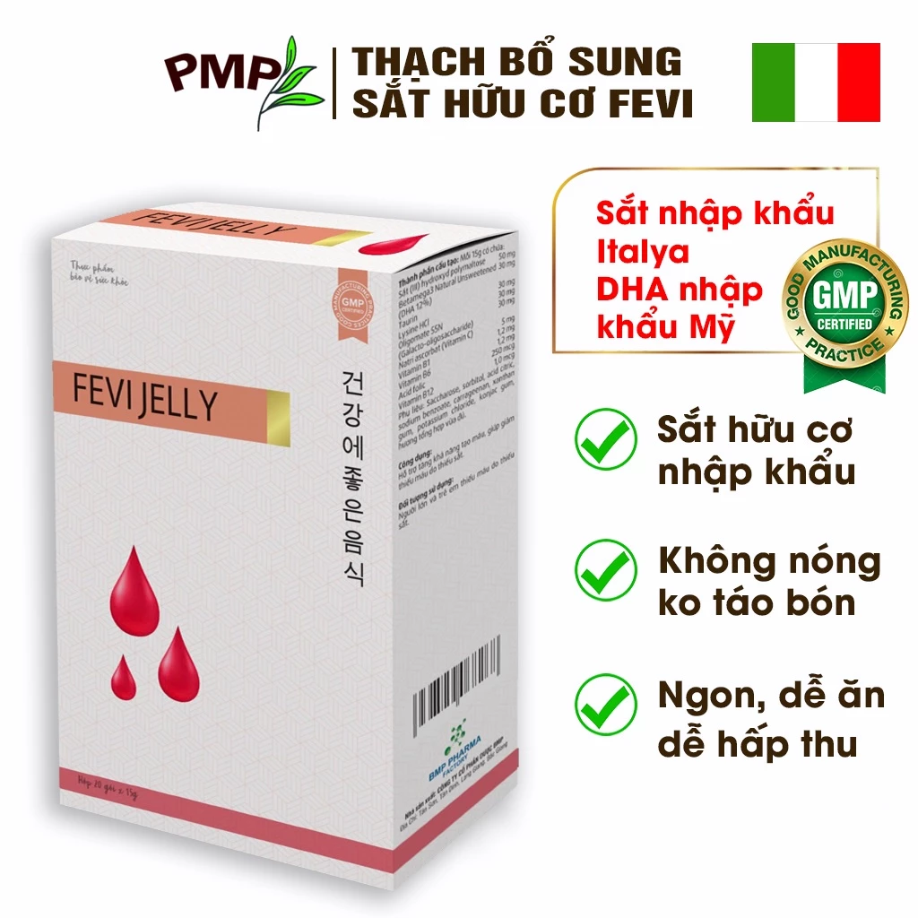 DATE 24/11/2024 - Sắt Hữu Cơ Fevi Jelly PMP Bổ Sung Sắt Cho Bé, Bà Bầu, Mẹ Sau Sinh, Người Lớn (Hộp 20 Gói)