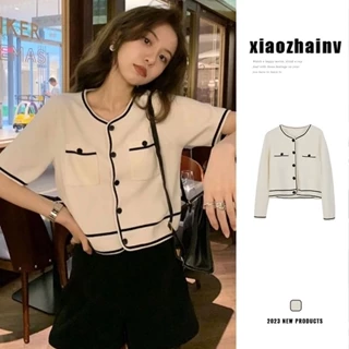 20240322 Xiaozhainv Áo len dệt kim lụa băng Pháp quần áo nữ tay ngắn crop top