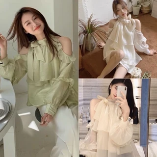 [Ảnh Thật/Video]:  Áo Nữ Khoét Vai Tay Bèo Tầng Chất Tơ Óng 2 Lớp [LOLLA_YE_FASHION]