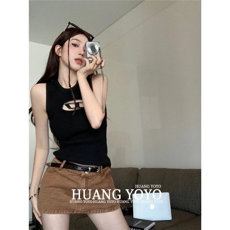 HUANG YOYO Áo Croptop Dệt Kim Sát Nách Dáng Ôm Thời Trang Hàn Quốc Cho Nữ