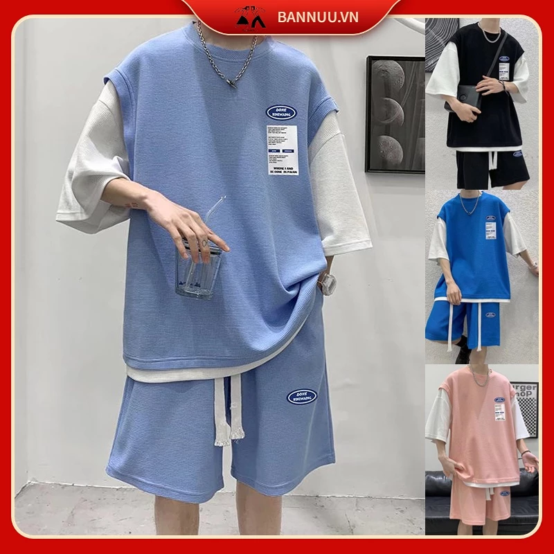 Set Đồ Thể Thao nữ Giả Hai Lớp Dáng Rộng đồ bộ nam Phong Cách Hàn Quốc bộ quần áo nam Đơn Giản Thời Trang Set đồ nam