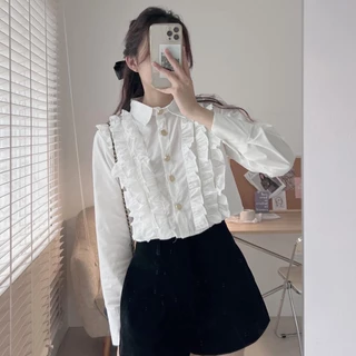 Áo sơ mi croptop cổ bèo dáng lửng phối khuy vàng tiểu thư Hàn Quốc