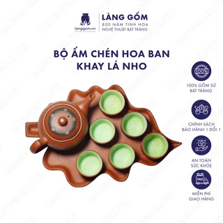 Bộ ấm chén uống trà tử sa đất nung kèm khay, họa tiết hoa ban, gốm sứ Bát Tràng cao cấp - LÀNG GỐM