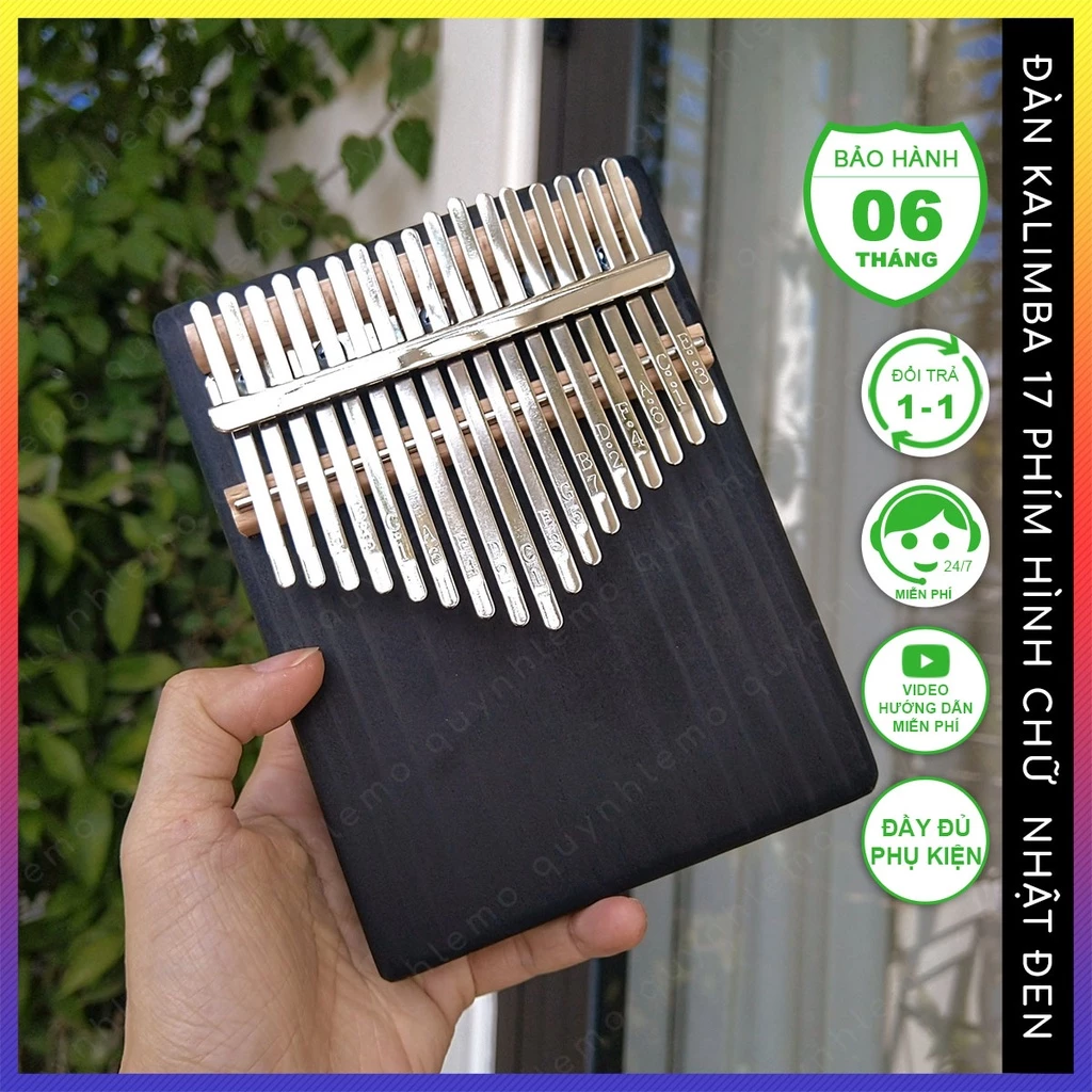 Đàn kalimba rẻ 17 phím màu đen hình chữ nhật nguyên khối QUYNHLEMO, Đồ chơi gỗ cho bé phát triển âm nhạc D16cm R12