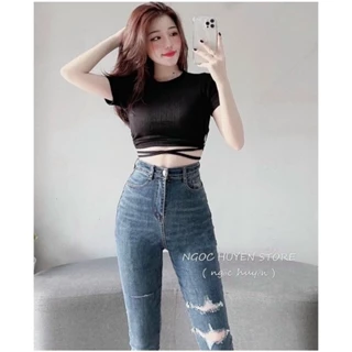 Áo thun croptop ngắn tay cột dây eo LADYGU