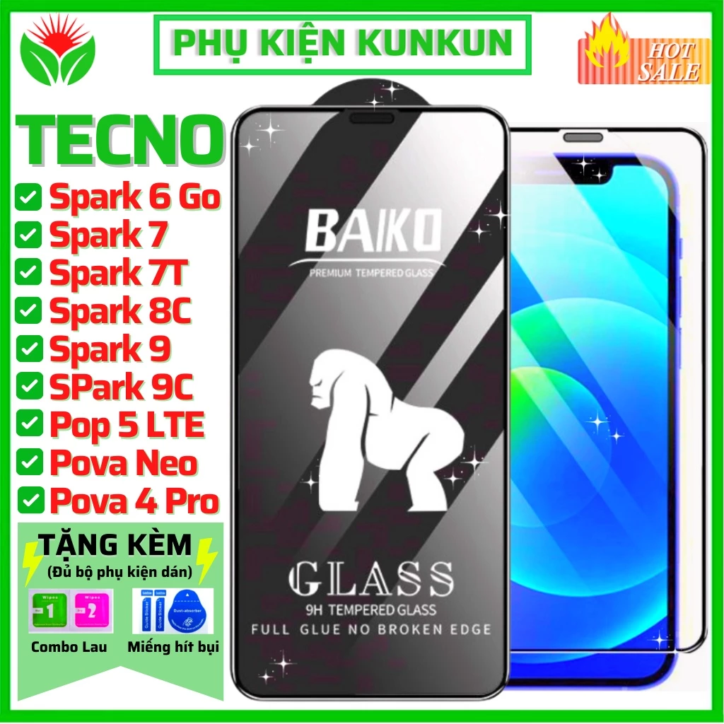 Cường lực Baiko Tecno Spark 8C Tecno Spark 6 Go Spark 7T Pop 5 Lte Pova neo Pova 4 Pro Spark 10 9 9T 9 Pro Camon 20 Pro