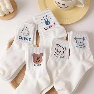 Tất vớ cổ cao nữ trắng hình thú dễ thương vải cotton co giãn thời trang Hàn Quốc