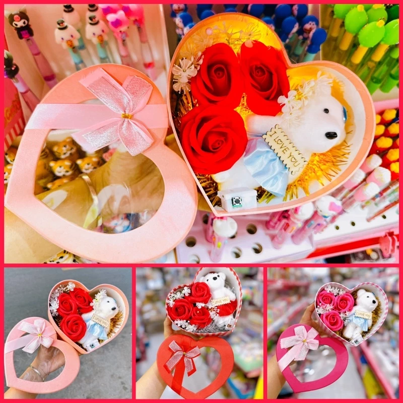 Hộp Hoa Sáp Và Gấu Bông Kèm Thiệp Hộp Quà Trái Tim Tặng Quà Tặng Valentine 14/2, Ngày Quốc Tế Phụ Nữ 8/3