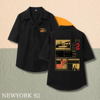 Áo Sơ Mi NEW YORK 92 Hoạ Tiết Tay Ngắn Cổ Vest Thời Trang Unisex Vải Lụa Chéo