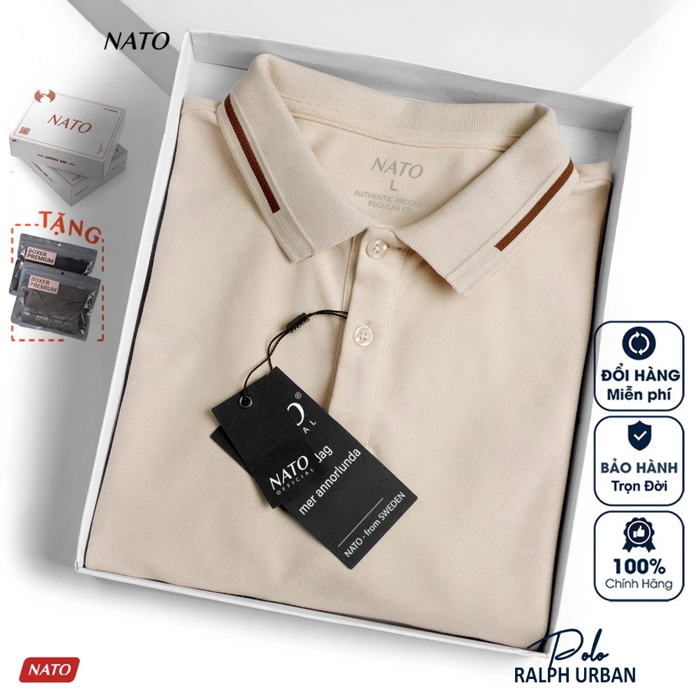 Áo Thun Polo Nam Nato Man Tay Ngắn Có Cổ Màu Be Kem Viền Nâu Trơn Vải Cotton Cá Sấu Cao Cấp