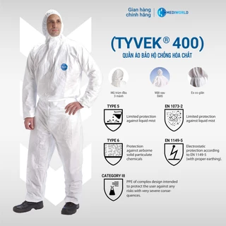 Đồ bảo hộ Tyvek400 MEDICOM phân phối chính hãng, quần áo bảo hộ Chống hóa chất dạng Type 5, Type 6, đạt tiêu chuẩn Quốc