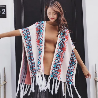 Khăn áo choàng boho thổ cẩm nữ mùa thu đông kiểu khoác ngoài áo choàng poncho len móc dân tộc - Mã LE38 The Collar Box