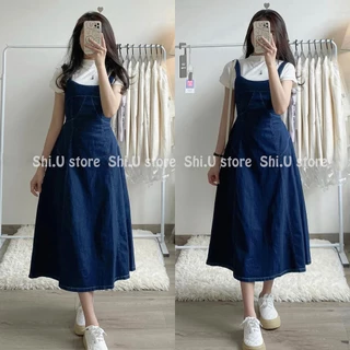 Váy yếm bò denim dáng dài viền chỉ chun lưng style ulzzang xinh xắn