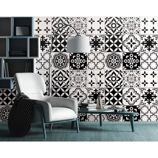 Khổ 5mx60 - Decal gạch bông trắng đen dán tường phòng khách, dán bếp không thấm nước, dễ lau chùi