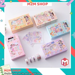 Hộp sticker và washi tape với nhiều hình màu sắc dễ thương (12 miếng dán + 4 băng dính)