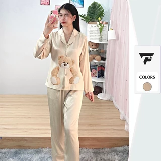 Bộ pijama Tơ Tằm Ánh Kim T4 in hình Gấu cute set đồ mặc nhà tay dài quần dài