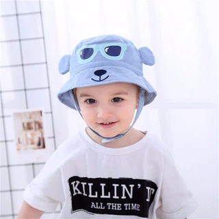 Mũ vành cho bé trai , Mũ cotton trẻ em Miller màu xanh bò tai gấu đeo kính size từ 6 tháng đến 5 tuổi