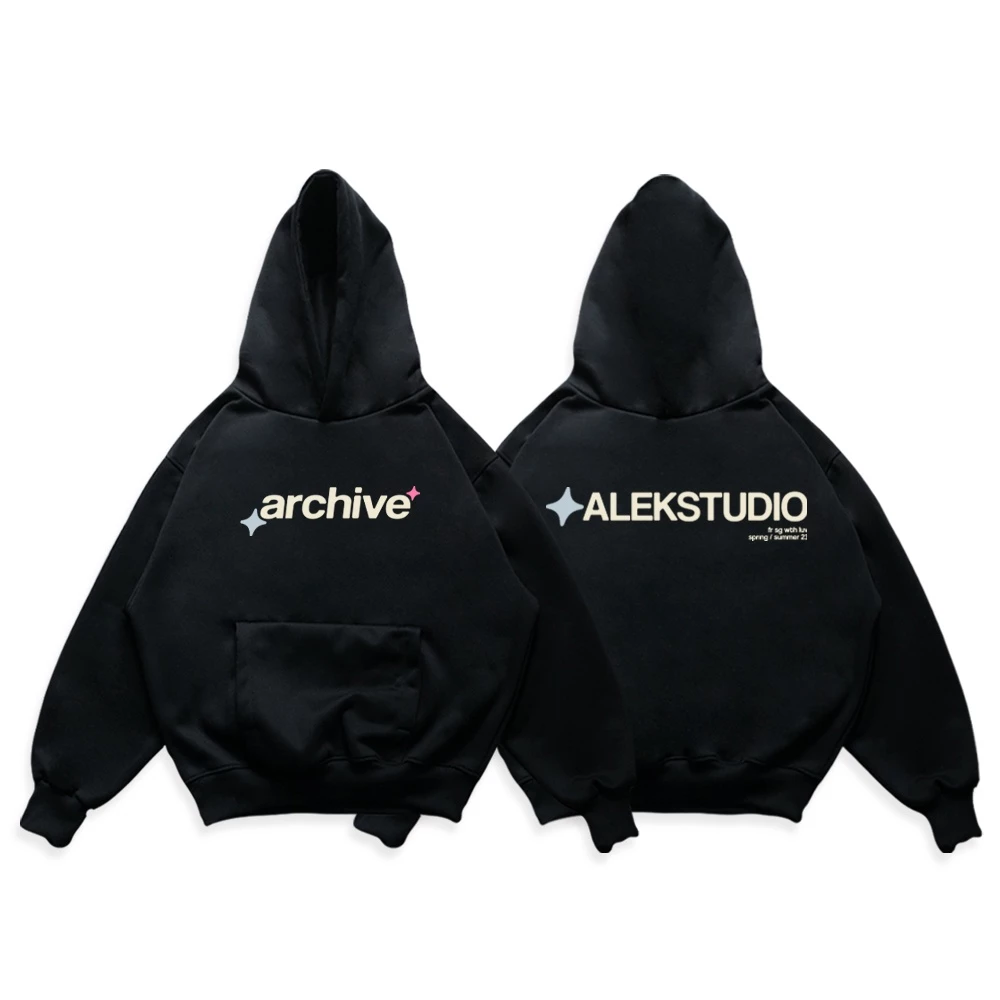 ÁO HODDIE BASIC UNISEX "ARCHIVE" MÀU ĐEN FORM BOXY | ALEKSTUDIO