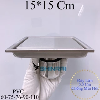 ( 15*15 Cm - Dán Gạch ) Phễu Thoát Sàn , Ga Thoát Nước Viền Nhà Tắm INOX SUS304 Xước Chống Mùi Hôi SHINRAI Đáy Lớn5.5 Cm