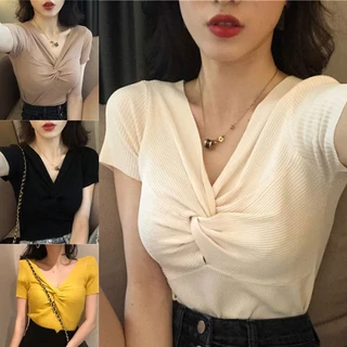 Áo Thun Nữ Ngắn Tay Cổ Chữ V Quyến Rũ / Áo Croptop Dệt Kim Tay Ngắn Thiết Kế Cổ Chữ V Quyến Rũ