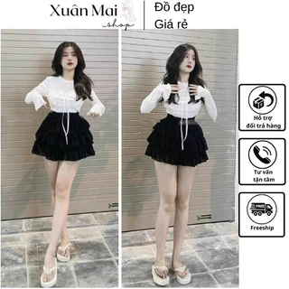 [FREESHIP] Set 3 món gồm chân váy tầng có quần trong + áo croptop cột dây + áo khoác cardigan ngắn có nút cài