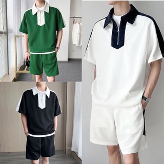 Set Bộ Thể Thao Nam Nữ Unisex- áo polo tay lỡ kèm quần short đùi chất cotton form rộng màu xanh lá đen trắng ulzzang