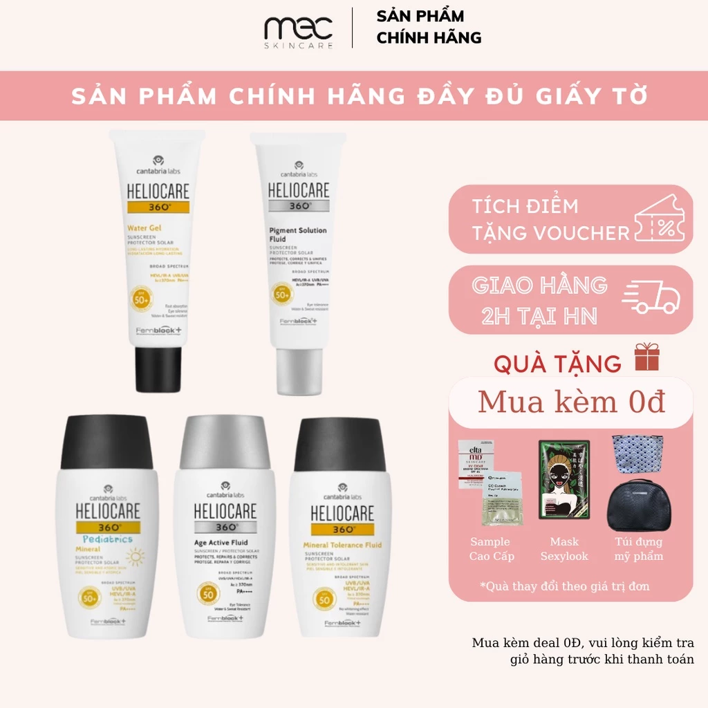 Kem chống nắng Heliocare A-R Water Gel, Pigment, Mineral, Age Active - Mecskincare