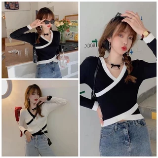 Áo kiểu thun croptop tay dài phối tà chéo nhau cực cute cho nữ