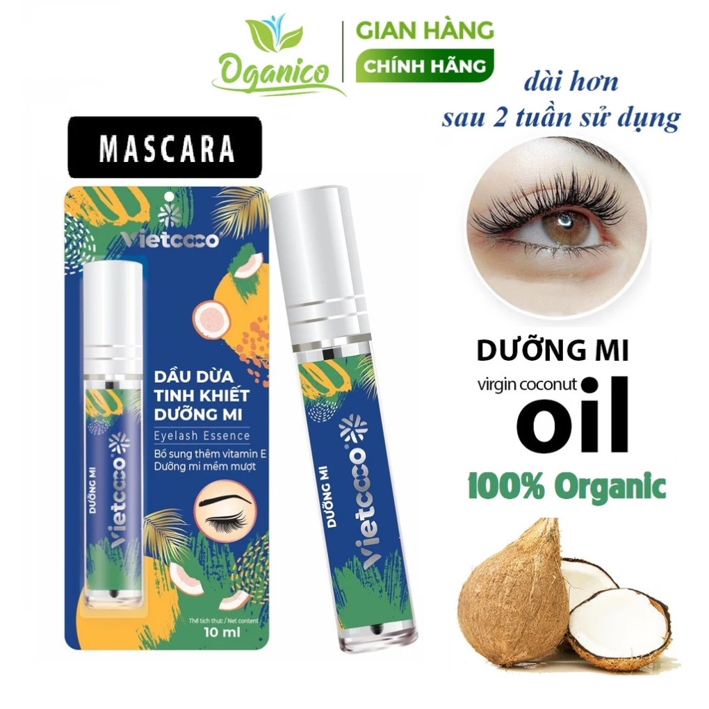 Mascara chuốt mi giữ ẩm, dưỡng nhanh dài mi, dày mi, lông mày, dầu dừa nguyên chất hữu cơ ép lạnh Vietcoco 10ml