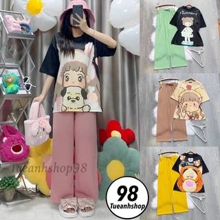 [15 MẪU MỚI] Set bộ áo cartoon hoạt hình form rộng tay lỡ - Phối quần gân ống suông dáng dài cao cấp co giãn thoải mái