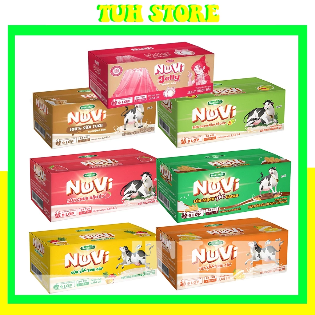 THÙNG 24 TÚI Sữa Nuvi 110ml Đào Táo/Dâu/Ca Cao/Cam/Trái Cây Giúp Bé Phát Triển Trí Não, Chiều Cao Cho Bé