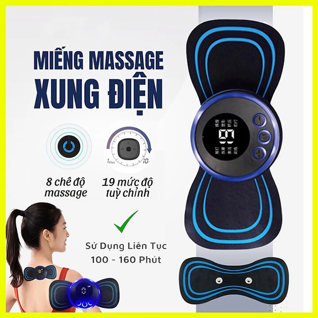 Miếng Dán Massage Xung Điện, Máy Massage Mini Toàn Thân Màn Hình LED 8 Chế Độ -19 Cường Độ Giảm Đau Hiệu Quả