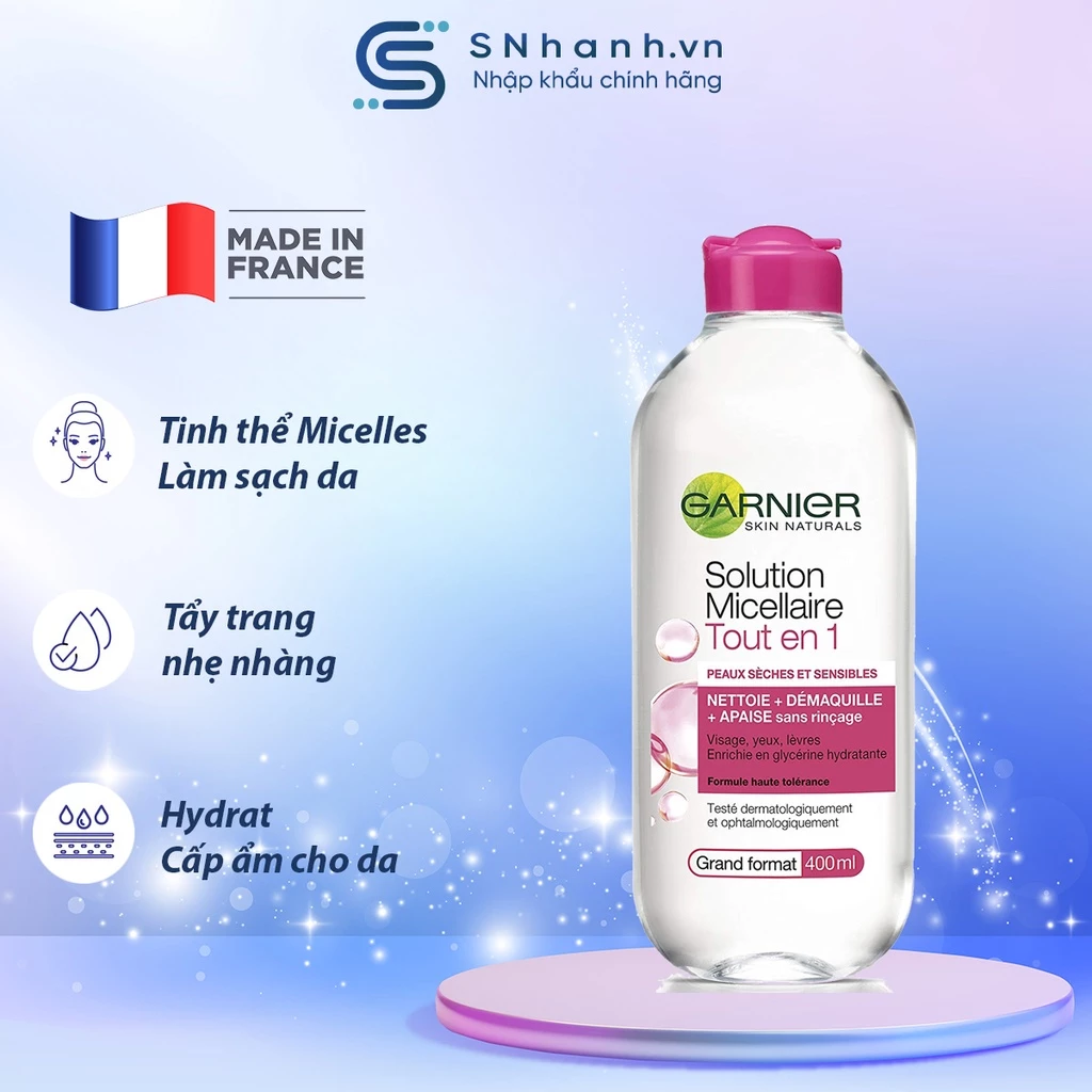 Tẩy trang Garnier Solution Micellaire Tout en 1 cho da khô và nhạy cảm 400ml