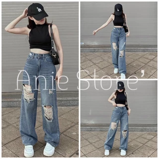 Quần Jeans Nữ Ống Rộng Rách 2 Gối 🦋 Quần Bò Nữ Dáng Suông Full Size 🦋