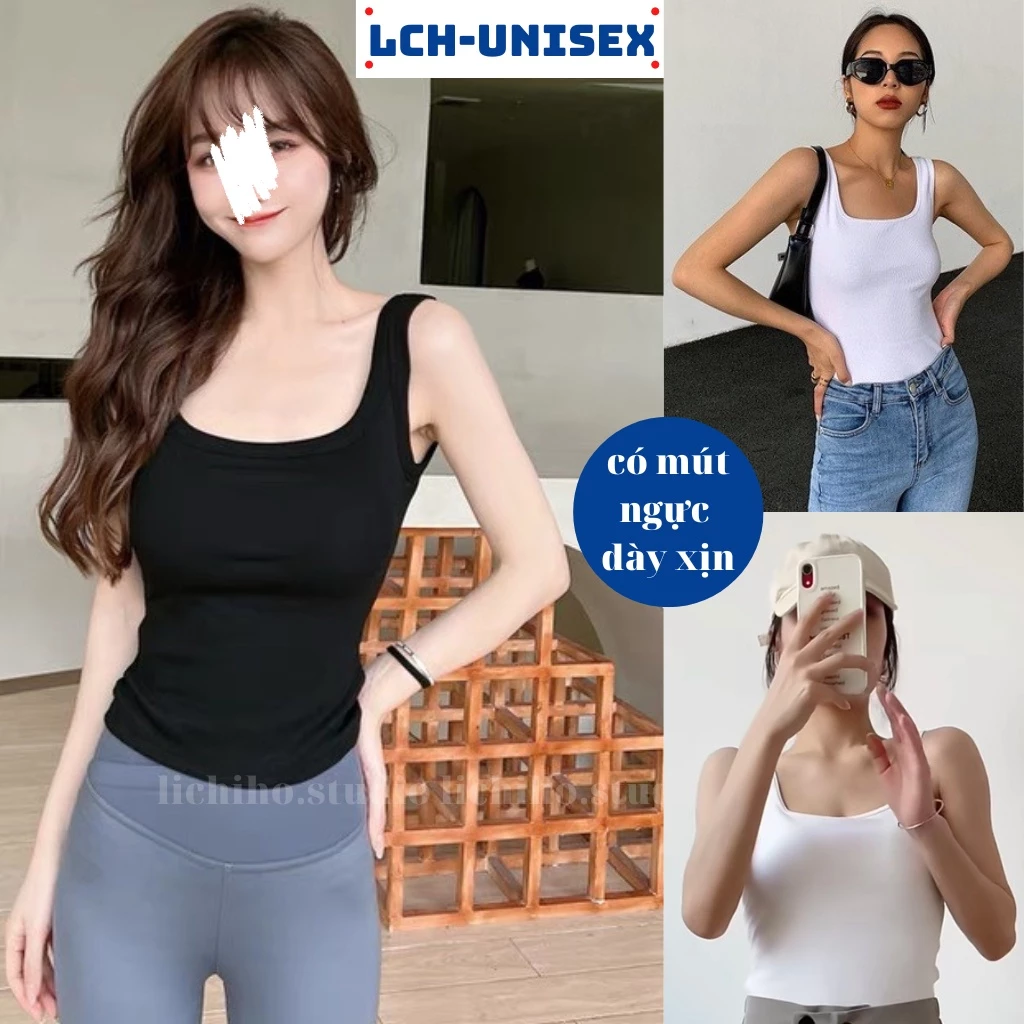 Áo thun hai dây có mút ngực bảng to dáng dài trơn áo ba lỗ cổ u sát nách basic form body gợi cảm sexy tôn dáng LCH