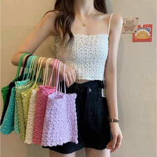 Áo croptop cotton xốp nhăn 2 dây kèm đệm sexy