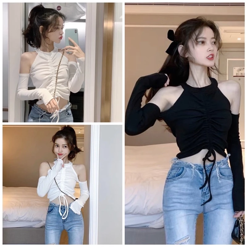 Áo kiểu thun nữ cổ lọ phối hở vai tay dài rút dây tiểu thư cá tính cho nữ
