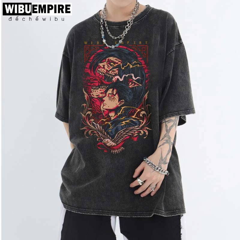 WIBU EMPIRE | Áo Thun Wash Form Rộng Vintage Eren Yeager | Anime Attack on Titan - Áo Phông Wash Unisex