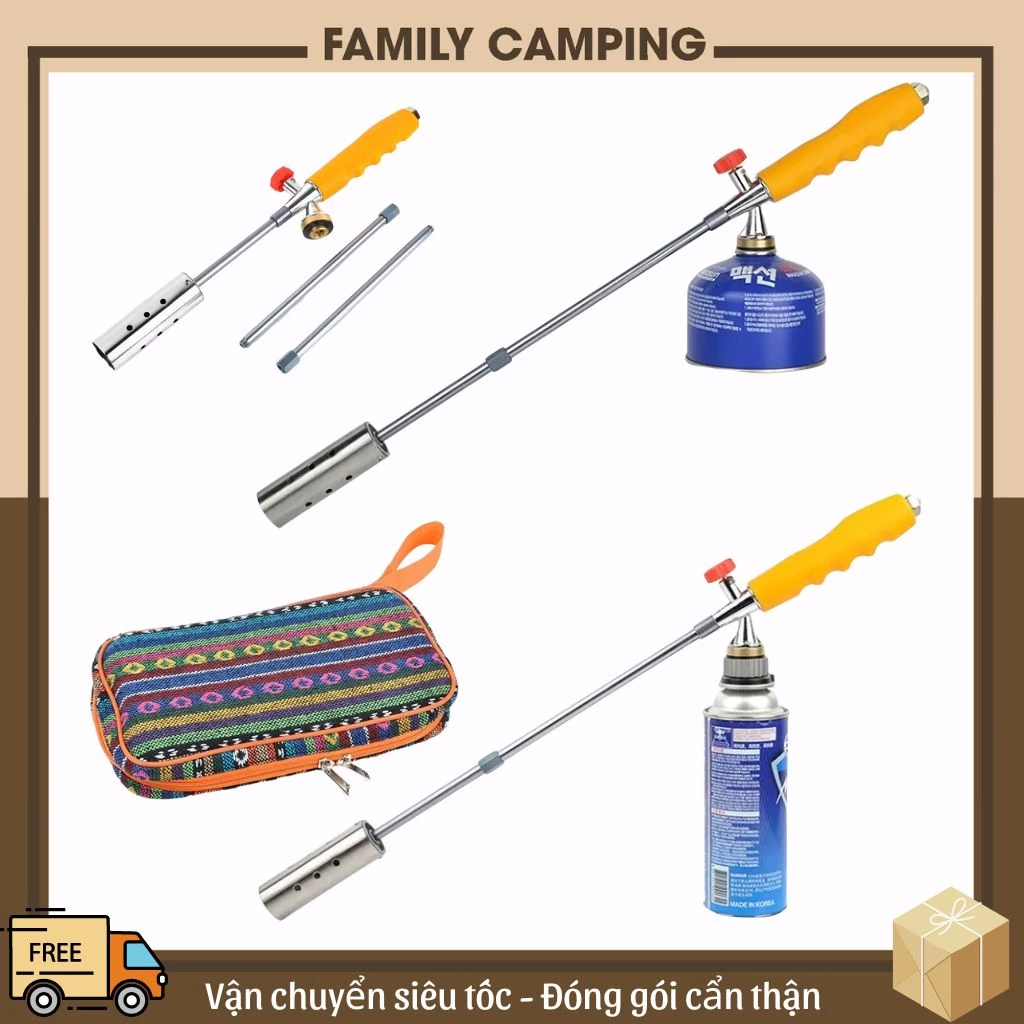 Bộ khò gas tay cầm dài điều chỉnh kích thước có túi đựng kèm adapter dùng nhóm lửa cắm trại dã ngoại