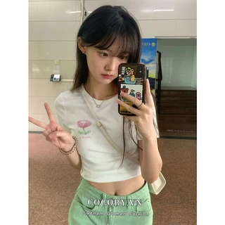 Cocorygirl Áo Thun Crop Top Tay Ngắn Dáng Ôm In Họa Tiết Thời Trang Mùa Hè Quyến Rũ Cho Nữ