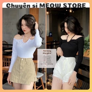 (XA KHO) Áo croptop tay dài cổ yếm cột dây trễ vai ulzzang vải gân dày