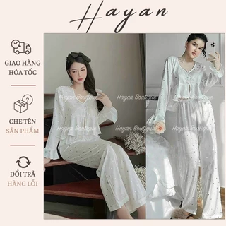 HT794 Bộ pijama ngủ dài tay chấm bi ánh kim, đồ ngủ lụa mặc nhà tiểu thư sang chảnh HT794