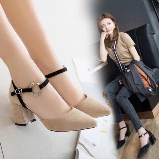 Giày cao gót vuông 7p bít mũi quai gài kết khóa chữ C - kèm ảnh thật - BM36