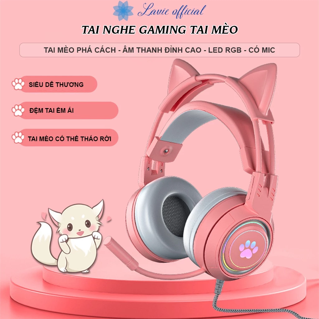 Tai Nghe Gaming Có Dây Tai Nghe Chụp Tai Mèo Có Mic, Đèn Led RGB, Tai Mèo Cute Dùng Cho Máy Tính PC, Laptop, Điện Thoại