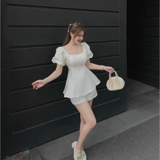 [3.3 Sales Freeship] Set bộ babydoll tiểu thư, set áo cổ vuông tay phồng xòe phối quần short đùi chất gấm sang chảnh dx