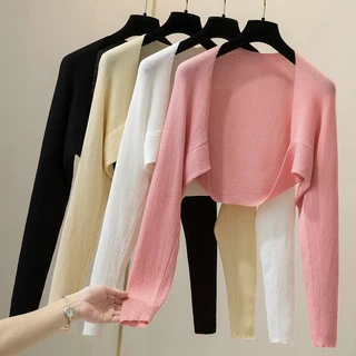 Áo Khoác Cardigan Dệt Kim Mỏng Màu Sắc Trơn Tay Dài Dáng Ngắn Thời Trang Mùa Hè Cho Nữ