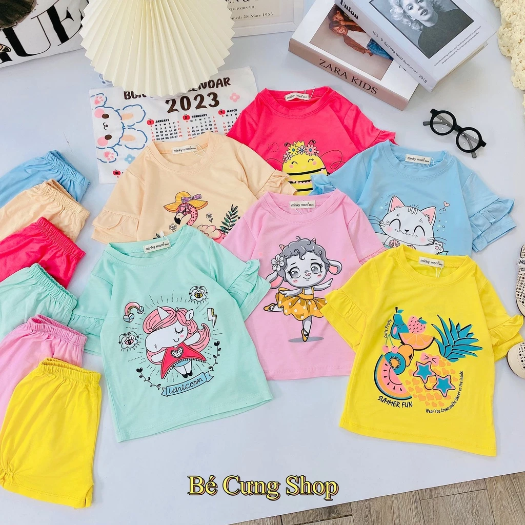 Bộ cộc Tay xinh xắn hàng MINKY MOM vải Thun lạnh loại 1 mix hình dễ thương cho bé gái từ 7kg đến 26kg