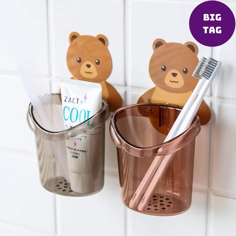 combo cốc nhựa dán tường đựng bàn chải có miếng dán hình gấu dễ thương